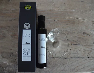 Duck Creek Road olive oil gift box, bottle and glass dipping bowl