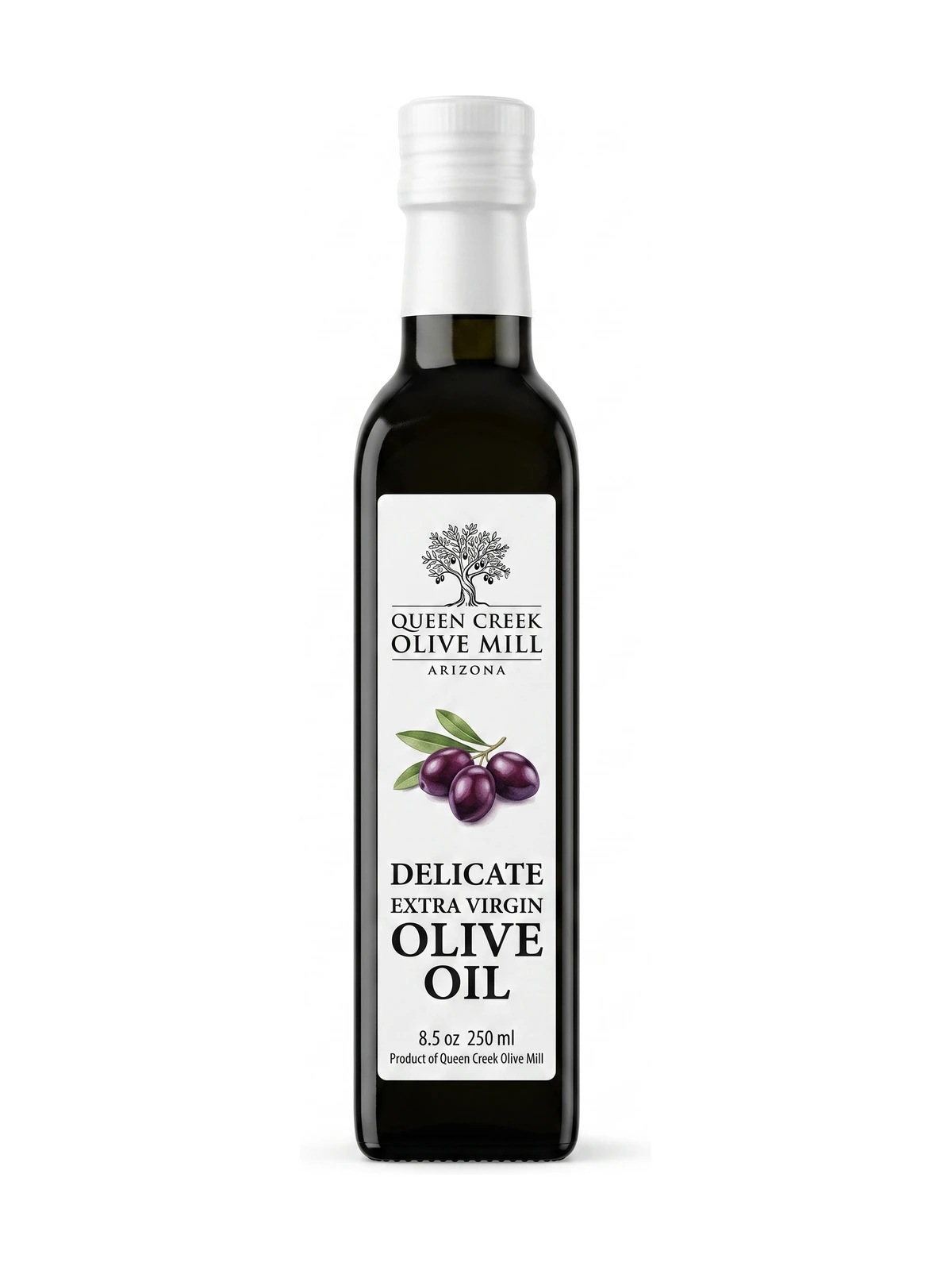 Queen Creek Olive Mill Delicate Extra Virgin Olive Oil, front-facing on a white background